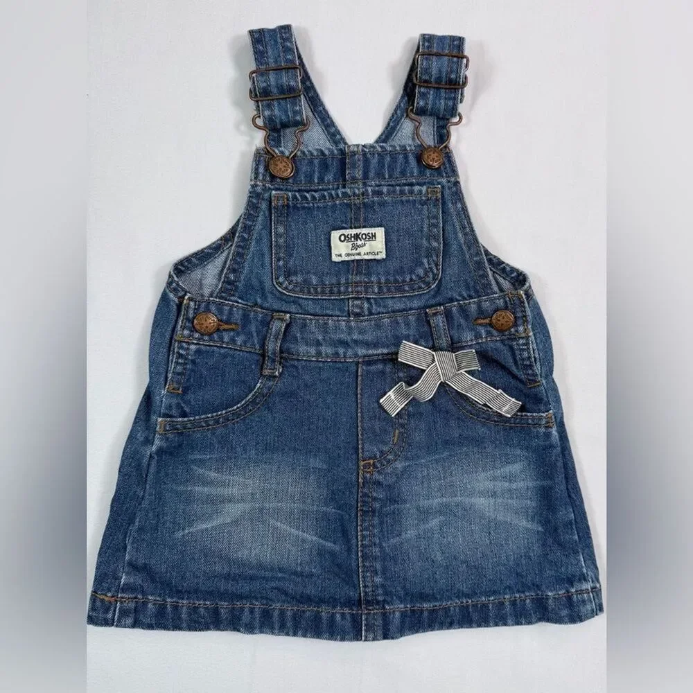 OSHKOSH B’GOSH Baby Girls’ Dark Wash Denim Vestbak Overall Dress with Bow 18M